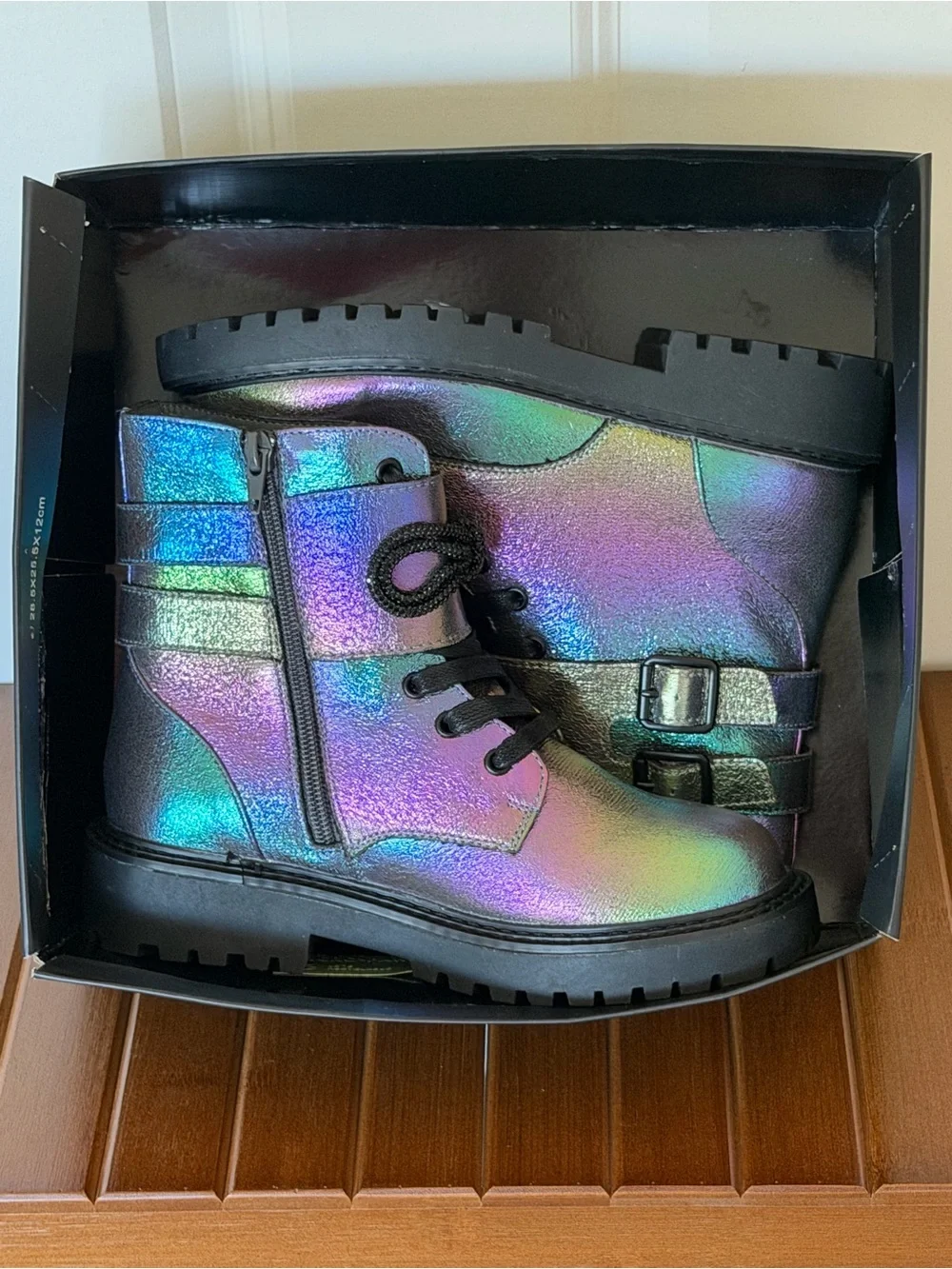 BCBG Girls Rainbow Iridescent Holographic Combat Boots - Black Laces Size 3M